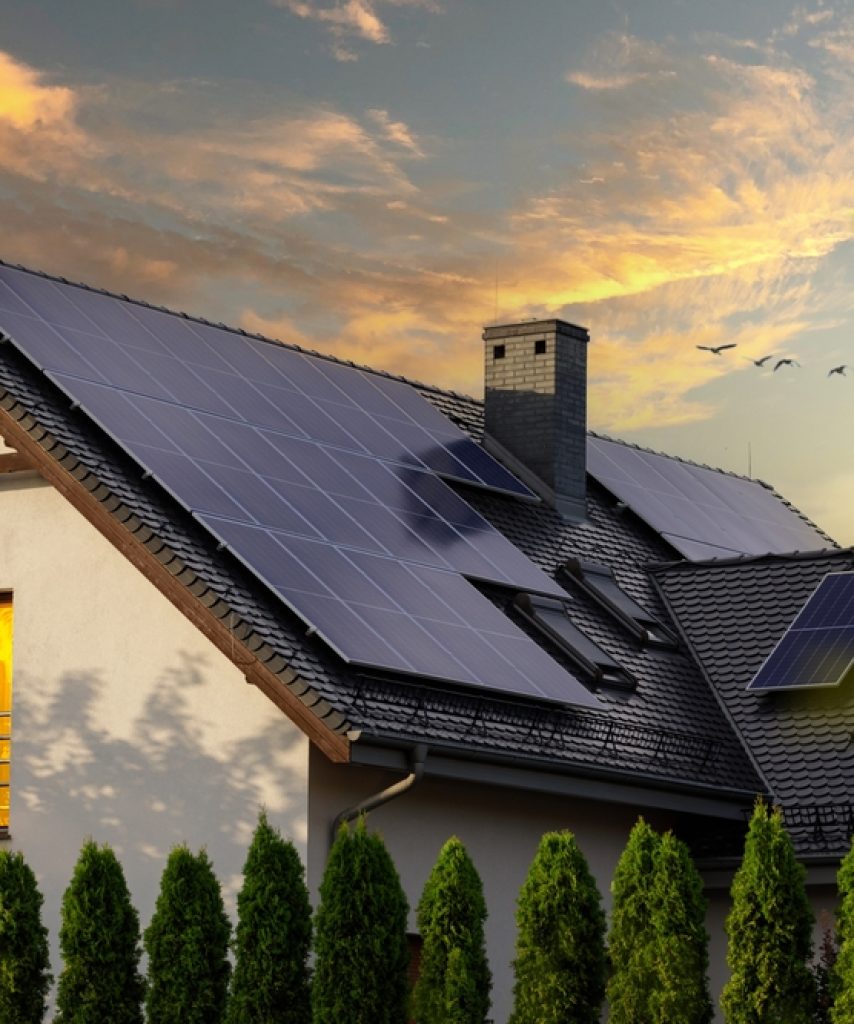 Modern,House,With,Solar,Panels.,Night,View,Of,A,Beautiful